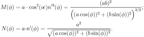 \begin{align}
 M(\phi)&=a\cdot\cos^2(o\!\varepsilon)n'^3(\phi)
 =\frac{(ab)^2}{\Big((a\cos(\phi))^2+(b\sin(\phi))^2\Big)^{3/2}};\\
 N(\phi)&=a{\cdot}n'(\phi)
 =\frac{a^2}{\sqrt{(a\cos(\phi))^2+(b\sin(\phi))^2}}.\end{align}\,\!
 