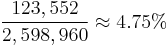 \frac {123,552} {2,598,960} \approx 4.75% 