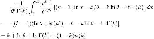 
\begin{align}
& {}\qquad\frac{-1}{\theta^k \Gamma(k)} \int_0^\infty \frac{x^{k-1}}{e^{x/\theta}} \left[ (k-1)\ln x - x/\theta - k \ln\theta - \ln\Gamma(k) \right] \,dx \\[8pt]
& = -\left[ (k-1) (\ln\theta + \psi(k)) - k - k \ln\theta - \ln\Gamma(k) \right] \\[8pt]
& = k + \ln\theta + \ln\Gamma(k) + (1-k)\psi(k)
\end{align}
