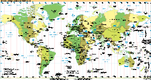 Map of the time zone boundaries of the world. Generally the borders run north-south and there are about 24 zones, but there are many exceptions where the borders follow national boundaries and a few half-hour or quarter-hour zones exist.