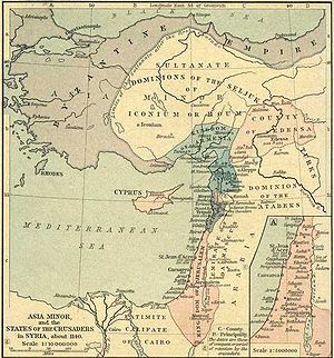 Hand colored map of the Near East. At the top is the Byzantine Empire which is encircles the Seljuk Turks on three sides, north, west, and south. Below those two groups are the Kingdom of Armenia on the west and the County of Edessa on the east. Stretching along the coast below them are the Principality of Antioch, the County of Tripoli and the Kingdom of Jerusalem. To the east of the coast is Emirate of Damascus and the Dominion of the Atabeks. At the bottom of the map is the Caliphate of Cairo.