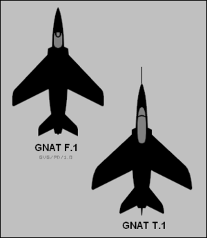 On the left is the single-seater fighter version of the Gnat. The Gnat trainer on the right was a two-seater aircraft with other modifications.