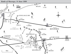 Black and white map of the battle, featuring Castel Ceriolo in the top-left corner and San Giuliano in the lower-right center. French troops are positioned to the left of San Giuliano and extend until to the right of Castel Ceriolo. The Austrian pursuit coloumn advances from the left towards San Giuliano, but is blocked by the arrival of Desaix and Kellermann's charge.