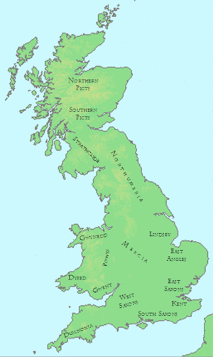 Map of the island of Great Britain. At the far north are the Picts, then below them Strathclyde and Northumbria. In the middle western section are Gwynedd, Powys, Dyfedd, and Gwent. Along the southern shore are Dumnonia, the West and South Saxons, and Kent, running from west to east. In the center of the island is Mercia. Along the eastern central coast are the East Angles and Lindsey.