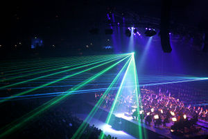 Photo of a symphony orchestra under stage lighting, showing lines of light fanning out.