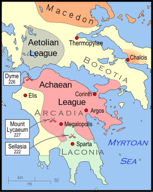 A map of Greece. That northern half of Greece is occupied by the new Aetolian League and the southern territories under the control of Macedcon, while the south is occupied by Sparta, the Achaean League and several smaller states.