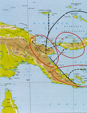 Topographic map of Papua New Guinea with arrows indicating an Allied advance along the northern coast towards the Admiralty Islands.