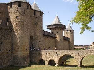 An angle view of the exterior walls of a fortified city