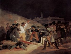 A painting, set at nighttime, of a firing squad, about to fire at a group of men. One of the men about to be shot has his hands outstretched in the air and is illuminated by a lamp making him the focal point of the painting