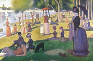 A pointillist painting with people in the park gazing out at a river