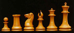  A photo of the original Staunton chess pieces from about 1849.