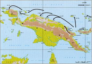 Topographic map of the island of New Guinea and the surrounding islands with arrows indicating an Allied advance along the northern coast.