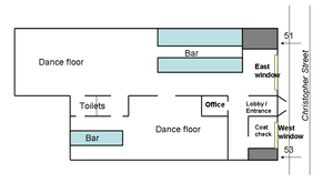 A color digital illustration of the layout of the Stonewall Inn in 1969: a rectangular building with the front along Christopher Street; the entrance opens to a lobby where patrons could go to the larger part of the bar to the right that also featured a larger dance floor. From that room was an entrance to a smaller room with a smaller dance floor and smaller bar. The toilets are located near the rear of the building