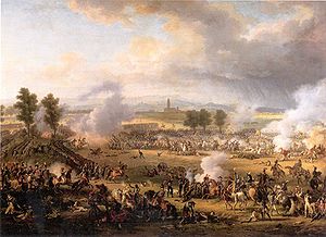 Scene of the battle in which Napoleon, followed by some generals, advances on horseback from the left towards the center of the image. Behind him, a regiment confronts in line the head of the Austrian pursuit coloumn, while Desaix is being mortally wounded at the head of his men. Further to the right, General Zach is captured by some cavalrymen and General Saint-Julien tries to escape the same fate. In the background General Kellermann conducts his famous cavalry charge in the flank of the Austrians. Behind all the action lies the village of Spinetta, in front of the Apennines.