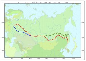 Trans-Siberian line in red; Baikal Amur Mainline in green