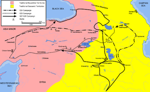 This map shows the approximate campaign paths of Heraclius in 624,625, and 627-628