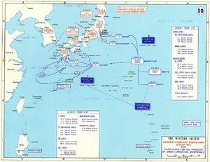 A map outlining the Japanese and U.S. (but not other Allied) ground forces scheduled to take part in the battle for Japan. Two landings were planned: (1) Olympic—the invasion of the southern island, Kyūshū, (2) Coronet—the invasion of the main island, Honshū.