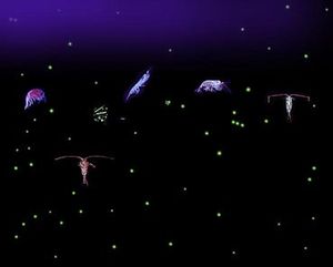 Six relatively large, variously-shaped organisms with dozens of small light-colored dots all against a dark background. Some of the organisms have antennae that are longer than their bodies.