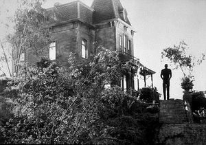 A black and white photograph of a silhouetted man standing on a hill in front of a large, imposing Gothic house