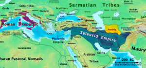 A map centered on the Mediterranean and Middle East showing the extent of the Roman Republic (Purple), Selucid Empire (Blue), and Parthia (Yellow) around 200 BC.