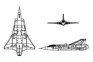 Orthographically projected diagram of the Saab J 35 Draken.