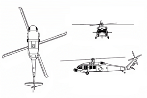 Orthographically projected diagram of the UH-60A Black Hawk.