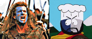 Two images standing side-by-side. In the first image, a screaming man wears battle armor and blue and white war paint on his face. In the second image, a crudely animated man wears a chef's hat and a similar combination of blue and white battle paint.