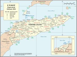 A map of East Timor marked with the locations of Locations of UNMIT military liaison teams