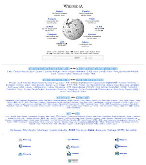 Wikipedia's homepage with links to many languages.