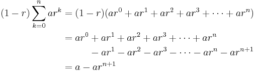 \begin{align}
(1-r) \sum_{k=0}^{n} ar^k & = (1-r)(ar^0 + ar^1+ar^2+ar^3+\cdots+ar^n) \\
                          & = ar^0 + ar^1+ar^2+ar^3+\cdots+ar^n \\
                          & {\color{White}{} = ar^0} - ar^1-ar^2-ar^3-\cdots-ar^n - ar^{n+1} \\
                          & = a - ar^{n+1}
\end{align}