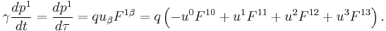  \gamma \frac{d p^1}{d t} = \frac{d p^1}{d \tau} = q u_\beta F^{1 \beta} = q\left(-u^0 F^{10} + u^1 F^{11} + u^2 F^{12} + u^3 F^{13} \right) .\,