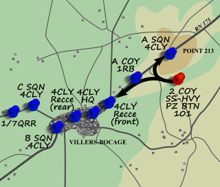 Villers-Bocage is in the bottom left of the map with Point 213 to the northeast in the top right corner. The diagram shows the location of the various British and German battalions in relation to Villers-Bocage at around 09:00 on 13 June 1944.