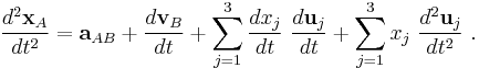  \frac {d^2 \mathbf{x}_{A}}{dt^2} = \mathbf{a}_{AB}+\frac {d\mathbf{v}_B}{dt} + \sum_{j=1}^3 \frac {dx_j}{dt} \ \frac{d \mathbf{u}_j}{dt} + \sum_{j=1}^3 x_j \ \frac{d^2 \mathbf{u}_j}{dt^2}\ . 