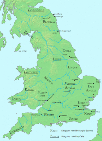 Map showing the kingdoms of Dyfed, Powys, and Gwynedd in the west central part of the island of Great Britain. Dumnonia is below those kingdoms. Mercia, Middle Anglia and East Anglia run across the middle of the island from west to east. Below those kingdoms are Wessex, Sussex and Kent, also from west to east. The northern kingdoms are Elmet, Deira, and Bernicia.