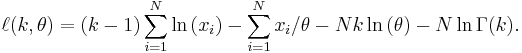 \ell(k,\theta) = (k-1) \sum_{i=1}^N \ln{(x_i)} - \sum_{i=1}^N x_i/\theta - Nk\ln{(\theta)} - N\ln{\Gamma(k)}.