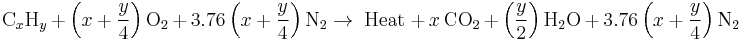 \text{C}_x\text{H}_y \,+ \,\left(x + \frac{y}{4}\right)\text{O}_2 \,+\, 3.76\left(x+ \frac{y}{4}\right)\text{N}_2  \rightarrow  \;\textrm{Heat}\; +\,x\,\text{CO}_2 \,+\, \left(\frac{y}{2}\right)\text{H}_2\text{O} \,+\, 3.76\left(x+ \frac{y}{4}\right)\text{N}_2