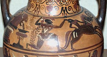 A painted strip running between the handles on the shoulders of a flask. A man wearing a greek-style helmet pulls a naked youth from one of a pair of horses. In the man's other hand is a raised sword. Behind the man, water pours form a lion's head fountain.