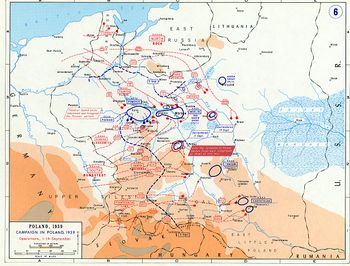 Map showing the advance made by the Germans, and the disposition of German and Polish troops on 14 September 1939.