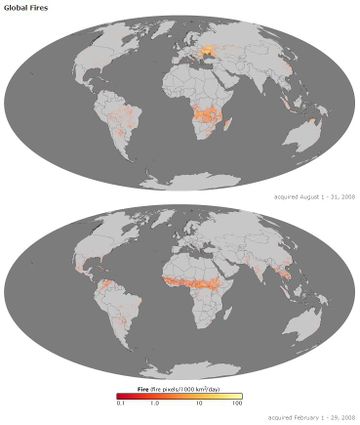 Two illustrations of the earth, one above the other.  The seas are dark gray in color and the continents a lighter gray. Both images have red, yellow, and white markers indicating where fires occurred during the months of August (top image) and February (bottom image) of the year 2008.