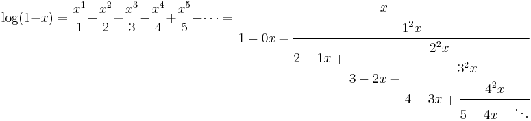 
\log(1+x)=\frac{x^1}{1}-\frac{x^2}{2}+\frac{x^3}{3}-\frac{x^4}{4}+\frac{x^5}{5}-\cdots=
\cfrac{x}{1-0x+\cfrac{1^2x}{2-1x+\cfrac{2^2x}{3-2x+\cfrac{3^2x}{4-3x+\cfrac{4^2x}{5-4x+\ddots}}}}}
