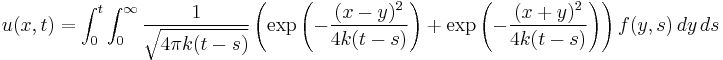 u(x,t)=\int_{0}^{t}\int_{0}^{\infty} \frac{1}{\sqrt{4\pi k(t-s)}} 
\left(\exp\left(-\frac{(x-y)^2}{4k(t-s)}\right)+\exp\left(-\frac{(x+y)^2}{4k(t-s)}\right)\right)
f(y,s)\,dy\,ds 