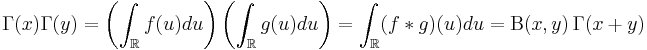 \Gamma(x)\Gamma(y)=\left(\int_{\R}f(u)du\right)\left(\int_{\R}g(u)du\right)=\int_{\R}(f*g)(u)du=\Beta(x, y)\,\Gamma(x+y)