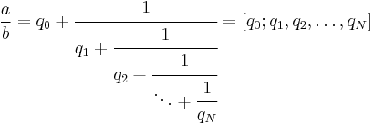 \frac{a}{b} = q_0 + \cfrac{1}{q_1 + \cfrac{1}{q_2 + \cfrac{1}{\ddots + \cfrac{1}{q_N}}}} = [ q_0; q_1, q_2, \ldots , q_N ] 