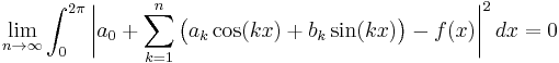 \lim_{n\rightarrow\infty}\int_0^{2\pi}\biggl|a_0+\sum_{k=1}^n \bigl(a_k\cos(kx)+b_k\sin(kx)\bigr)-f(x)\biggr|^2\,dx=0