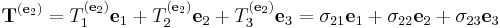 \mathbf{T}^{(\mathbf{e}_2)}= T_1^{(\mathbf{e}_2)}\mathbf{e}_1 + T_2^{(\mathbf{e}_2)} \mathbf{e}_2 + T_3^{(\mathbf{e}_2)} \mathbf{e}_3=\sigma_{21} \mathbf{e}_1 + \sigma_{22} \mathbf{e}_2 + \sigma_{23} \mathbf{e}_3\,\!