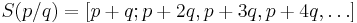 S(p/q) = [p+q; p+2q, p+3q, p+4q, \dots]\,\!