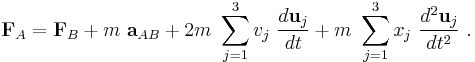 \mathbf{F}_A = \mathbf{F}_B + m\ \mathbf{a}_{AB}+  2m\ \sum_{j=1}^3 v_j \ \frac{d \mathbf{u}_j}{dt} + m\ \sum_{j=1}^3 x_j \ \frac{d^2 \mathbf{u}_j}{dt^2}\ . 