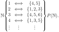 \mathbb{N}\begin{Bmatrix} 1 & \Longleftrightarrow & \{4, 5\}\\ 2 & \Longleftrightarrow & \{1, 2, 3\} \\ 3 & \Longleftrightarrow & \{4, 5, 6\} \\ 4 & \Longleftrightarrow & \{1, 3, 5\} \\ \vdots & \vdots & \vdots \end{Bmatrix}P(\mathbb{N}).