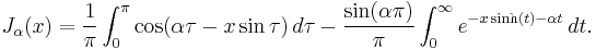 J_\alpha(x) = 
   \frac{1}{\pi} \int_0^\pi \cos(\alpha\tau- x \sin\tau)\,d\tau

 - \frac{\sin(\alpha\pi)}{\pi} \int_0^\infty
          e^{-x \sinh(t) - \alpha t} \, dt. 