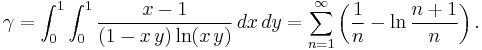  \gamma = \int_{0}^{1}\int_{0}^{1} \frac{x-1}{(1-x\,y)\ln(x\,y)} \, dx\,dy = \sum_{n=1}^\infty \left ( \frac{1}{n}-\ln\frac{n+1}{n} \right ).
 